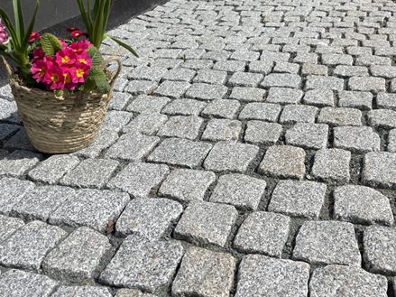 Pflastersetein_Granit Silver_Rustice_Einfahrt_nah_Blumen