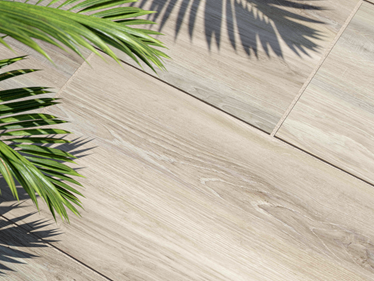 Draufsicht: Holzoptik Terrassenplatte Amber Oak mit Palmendeko
