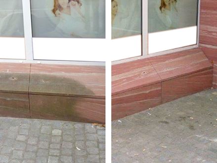 Sandsteinfassade vor und nach der Entfernung des Grünbelags