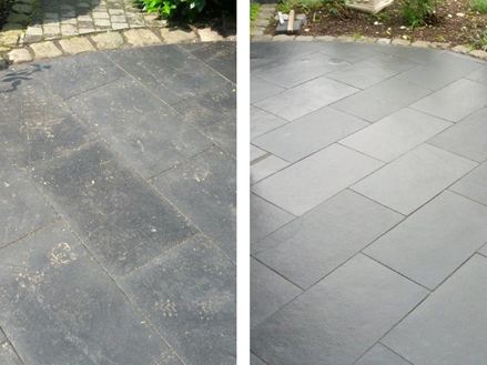 Vorher-Nachher-Vergleich der Reinigung von Schieferplatten auf der Terrasse
